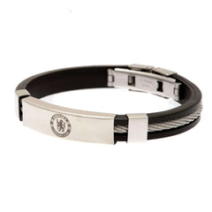 Chelsea FC Silver Inlay Silicone Bracelet LKT Sport Stylish black silicone bracelet with a silver colour rope insertWith a stainless steel crest plate featuring the club logoStainless steel deployment claspOfficial licensed productApprox 20cm x 1cm Bracel