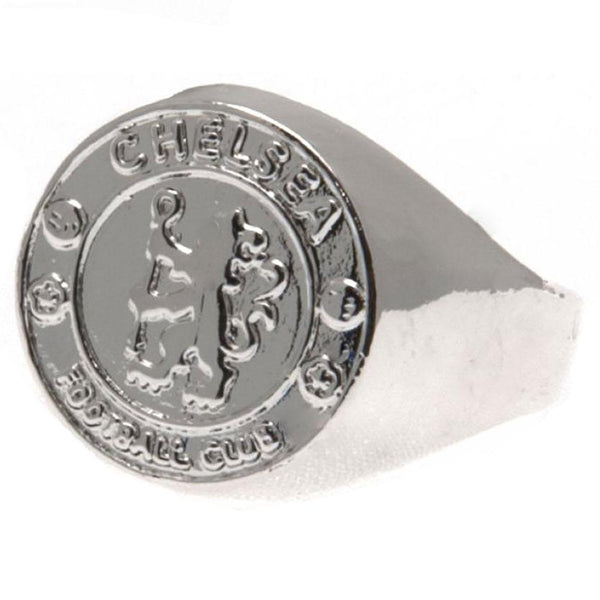 Chelsea FC Silver Plated Crest Ring Medium LKT Sport Silver Plated crest design ring Featuring a highly detailed Chelsea FC crest Official licensed product Internal diameter approx 20mm Ring size U In a blister pack Rings