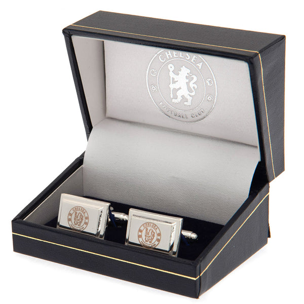 Chelsea FC Silver Plated Cufflinks LKT Sport Silver plated rectangular cufflinks in a chrome finish Each cufflink is engraved with the Chelsea crest On a bullet back fixing Official licensed product Approx 20mm x 10mm Presented in a gift box Cufflinks