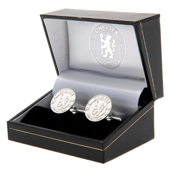 Chelsea FC Sterling Silver Crest Cufflinks LKT Sport Sterling Silver round cufflinks in a chrome finish Featuring a highly detailed Chelsea FC crest On a bullet back fixing Official licensed product Approx 16mm x 16mm Presented in a gift box Cufflinks