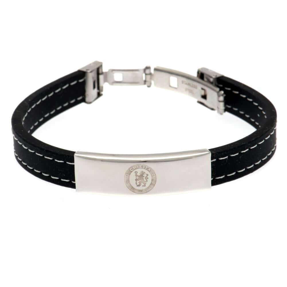Chelsea FC Stitched Silicone Bracelet LKT Sport Black silicone bracelet with white stitching detailFeaturing a stainless steel crest plate featuring the club logoStainless steel deployment claspOfficial licensed productApprox 20cm x 1cm Bracelets