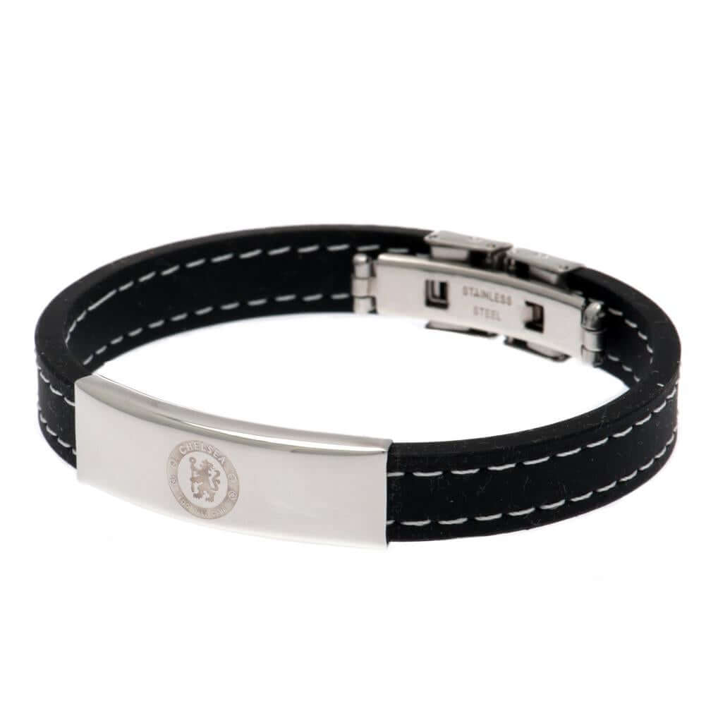 Chelsea FC Stitched Silicone Bracelet LKT Sport Black silicone bracelet with white stitching detailFeaturing a stainless steel crest plate featuring the club logoStainless steel deployment claspOfficial licensed productApprox 20cm x 1cm Bracelets