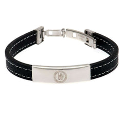Chelsea FC Stitched Silicone Bracelet LKT Sport Black silicone bracelet with white stitching detailFeaturing a stainless steel crest plate featuring the club logoStainless steel deployment claspOfficial licensed productApprox 20cm x 1cm Bracelets