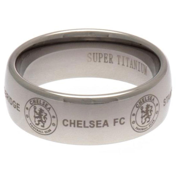 Chelsea FC Super Titanium Ring Small LKT Sport Super titanium ring featuring an engraved Chelsea crest Made from ultra scratch resistant titanium Official licensed product Internal diameter approx 19mm Ring size R Presented in a gift box Rings