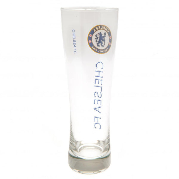 Chelsea FC Tall Beer Glass LKT Sport Tall slim pilsner style pint glass Features Chelsea FC text in royal blue and full colour club crest Royal blue Chelsea FC text detail on reverse Official licensed product Approx 570ml (1 pint) Approx 24cm tall, 7cm in