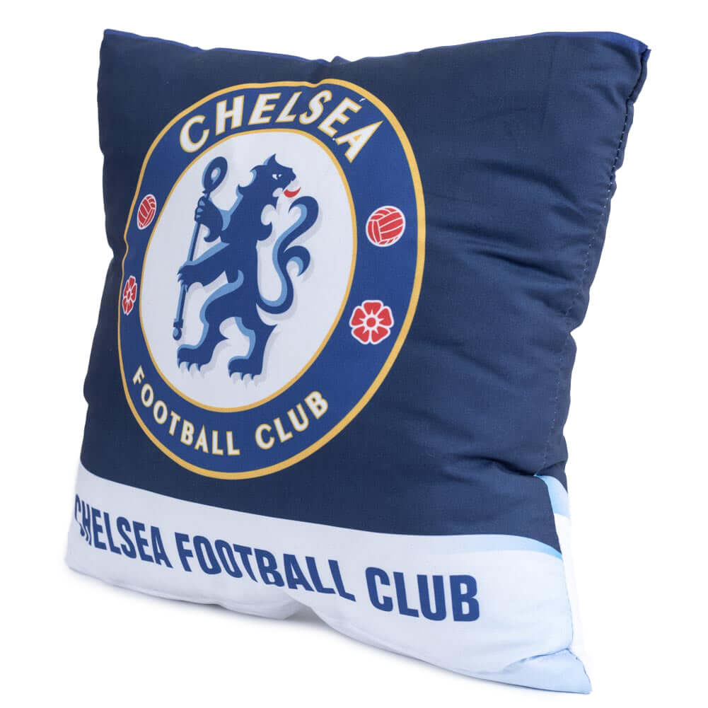 Chelsea FC Text Cushion LKT Sport Blue cushion featuring a full colour Chelsea crest with text reading CHELASEA FOOTBALL CLUB across the bottomDesign repeated on the reverse100% Polyester machine washable removable coverOfficial licensed productApprox 40c