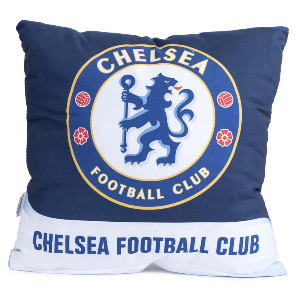 Chelsea FC Text Cushion LKT Sport Blue cushion featuring a full colour Chelsea crest with text reading CHELASEA FOOTBALL CLUB across the bottomDesign repeated on the reverse100% Polyester machine washable removable coverOfficial licensed productApprox 40c