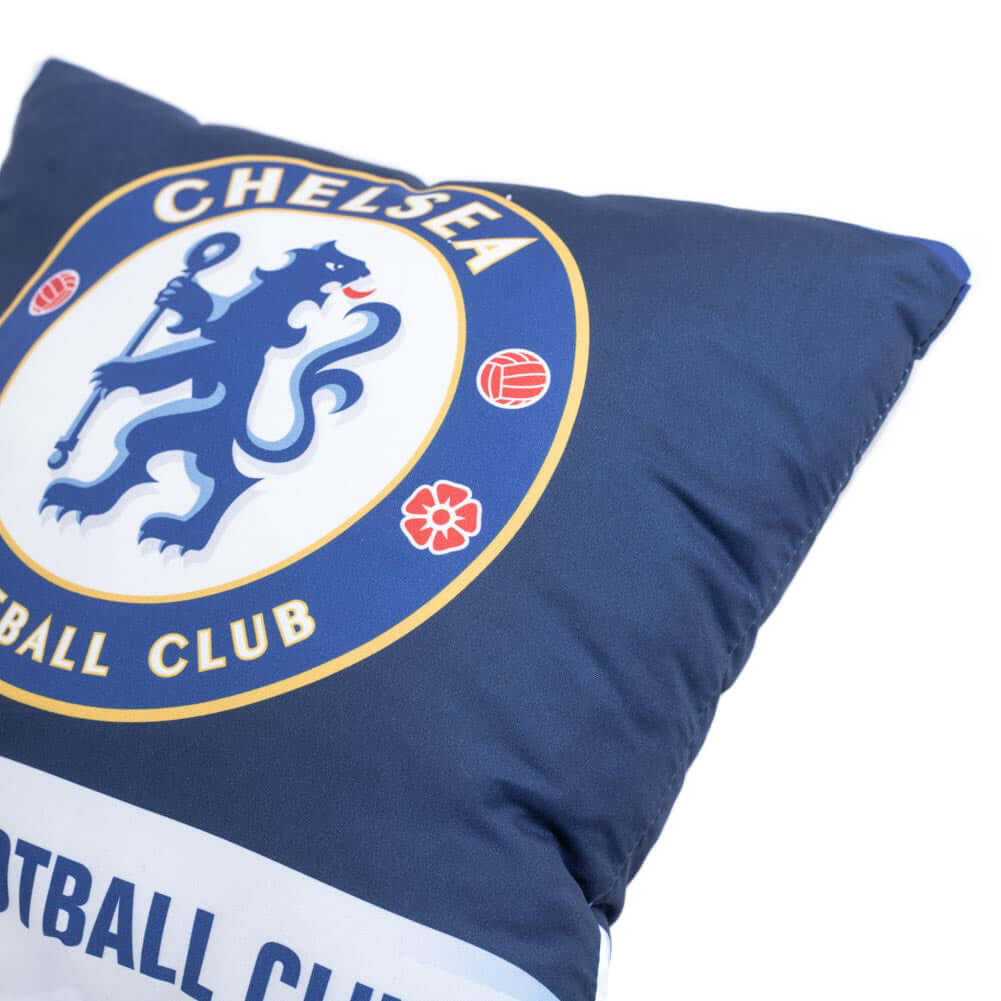 Chelsea FC Text Cushion LKT Sport Blue cushion featuring a full colour Chelsea crest with text reading CHELASEA FOOTBALL CLUB across the bottomDesign repeated on the reverse100% Polyester machine washable removable coverOfficial licensed productApprox 40c