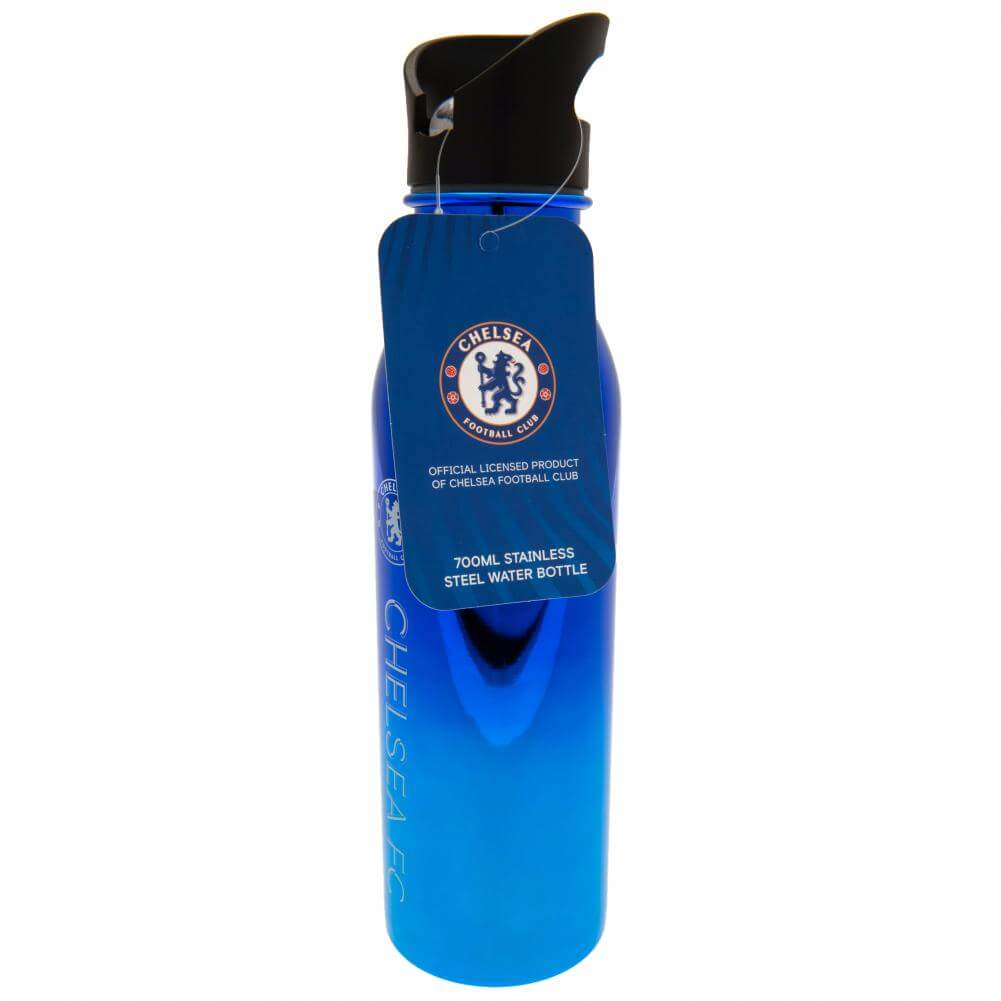 Chelsea FC UV Metallic Drinks Bottle LKT Sport Stainless steel fade metallic camping style water bottleStriking UV metallic finish with white Chelsea crest and textScrew top lid with a closable clear drinking spoutOfficial licensed productApprox 700ml (24