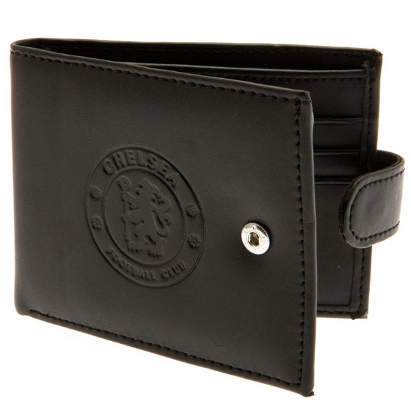 Chelsea FC rfid Anti Fraud Wallet LKT Sport Black leather wallet with RFID anti fraud technology Features a large debossed club crest and secure stud fastener 3 card slots and a window compartment 2 note compartments 1 additional compartment Official lice