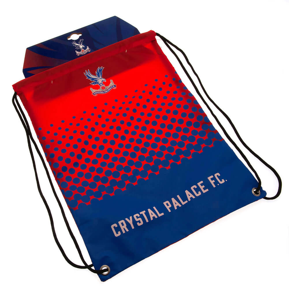 Crystal Palace FC Fade Gym Bag LKT Sport Fade design gym bag featuring Crystal Palace text and full colour club crestDrawstring close with metal eyeletsWipe clean polyesterWipe clean polyesterOfficial licensed productApprox 43cm x 33cm flat Gym Duffel Bag
