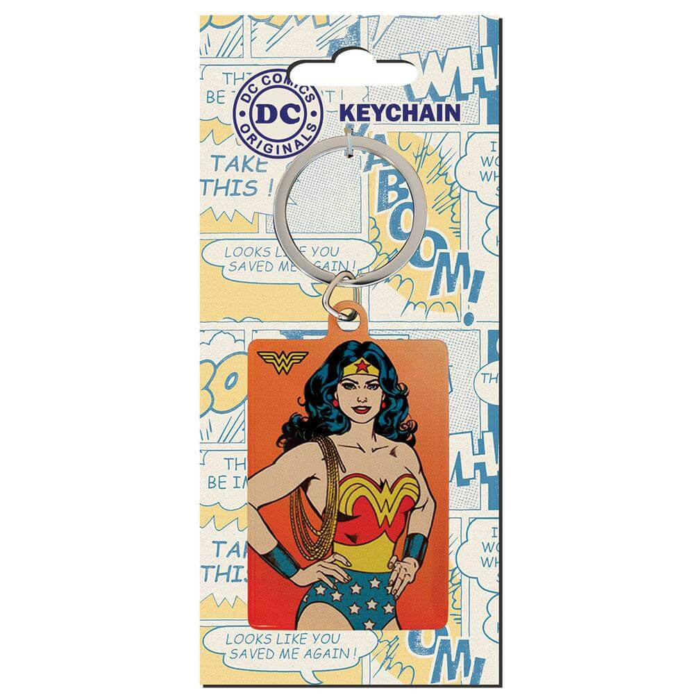 DC Comics Metal Keyring Wonder Woman LKT Sport Bright, colourful and highly detailed metal keyringFront features the Wonder Woman LogoReverse features comic style Wonder Woman artworkOfficial licensed productApprox 60mm x 40mm Keychains