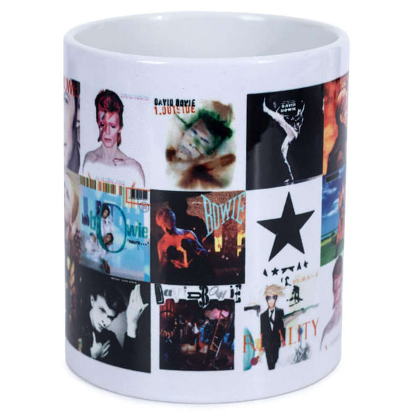David Bowie Album Collage Mug LKT Sport Ceramic everyday coffee mugFeatures a collage of Bowie Album Cover images from across the decadesGlazed kiln fired finish with white handleOfficial Licensed MerchandiseApprox 315ml (11oz)Approx 9cm tall, 8cm in diam