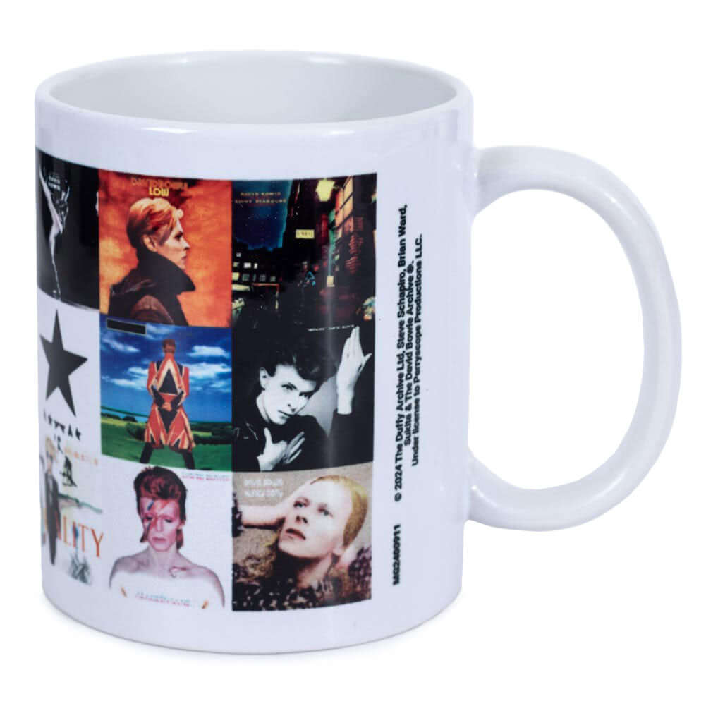 David Bowie Album Collage Mug LKT Sport Ceramic everyday coffee mugFeatures a collage of Bowie Album Cover images from across the decadesGlazed kiln fired finish with white handleOfficial Licensed MerchandiseApprox 315ml (11oz)Approx 9cm tall, 8cm in diam