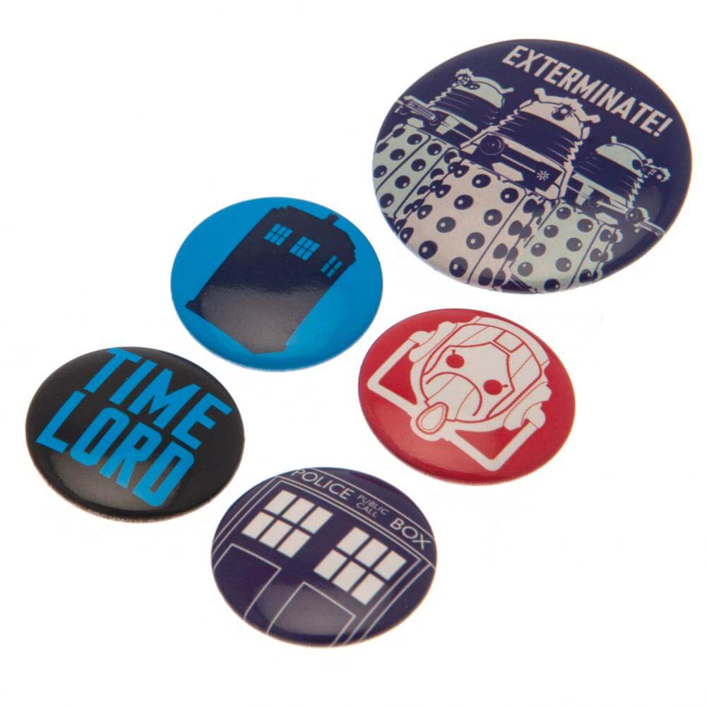 Doctor Who Button Badge Set LKT Sport Eye-catching designs and slogan badgesIdeal addition to school bags or clothingFasten with a safety pin fixingOfficial licensed product5 assorted size badges Pinback Buttons