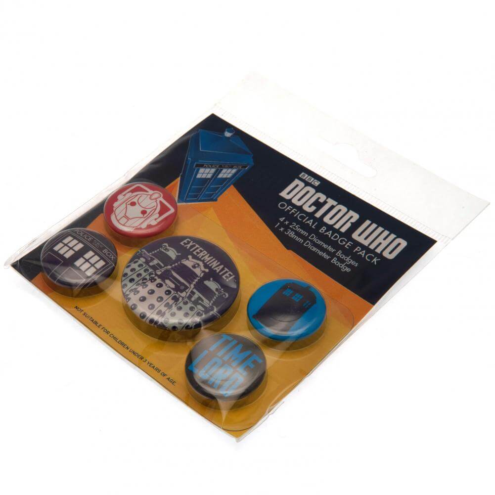 Doctor Who Button Badge Set LKT Sport Eye-catching designs and slogan badgesIdeal addition to school bags or clothingFasten with a safety pin fixingOfficial licensed product5 assorted size badges Pinback Buttons