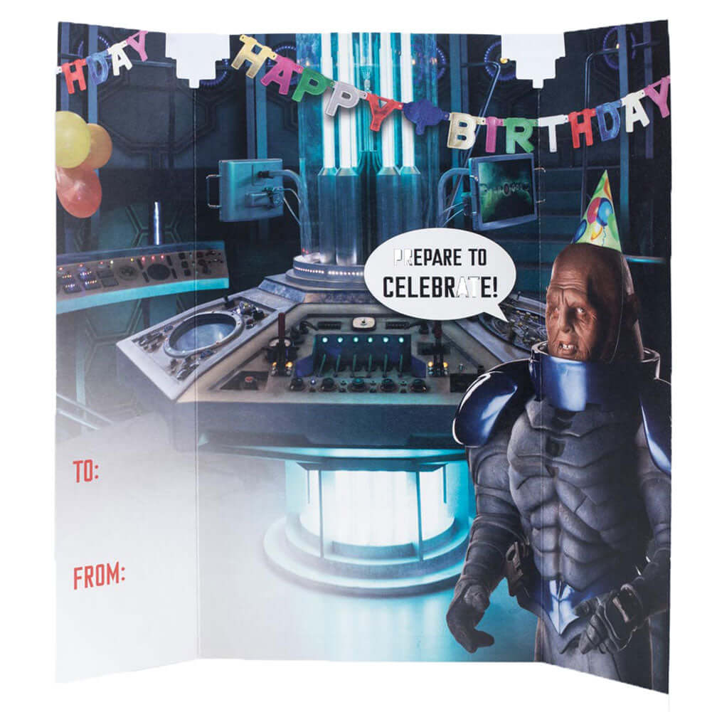 Doctor Who Tardis Birthday Card LKT Sport Colourful gloss finish birthday cardFeaturing the famous TardisInside features a Sontaran and the message reads 'Happy Birthday, Prepare to celebrate'With a plain white envelopeOfficial licensed productApprox 22.5