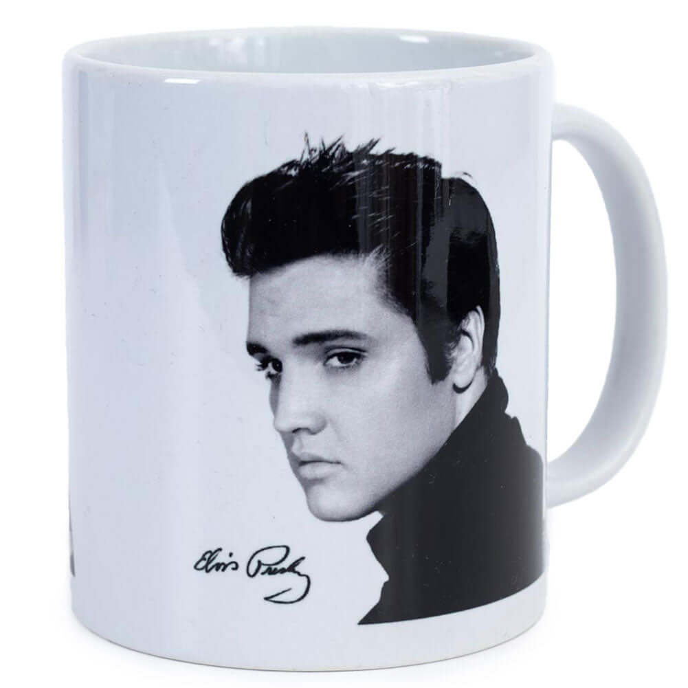 Elvis Presley Portrait Mug LKT Sport Ceramic everyday coffee mugWhite mug with signed portrait of Elvis PresleyGlazed kiln fired finish with white handleOfficial licensed productApprox 315ml (11oz)Approx 9cm tall, 8cm in diameter Mugs