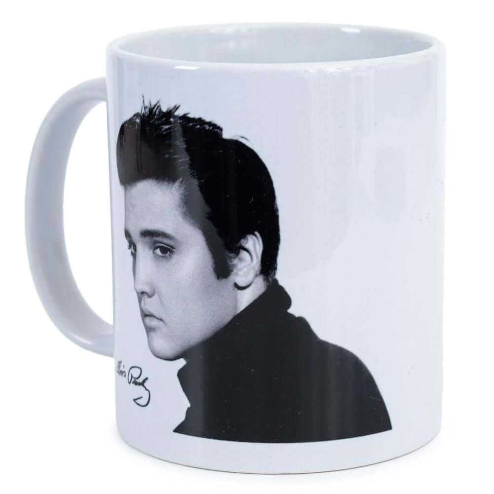 Elvis Presley Portrait Mug LKT Sport Ceramic everyday coffee mugWhite mug with signed portrait of Elvis PresleyGlazed kiln fired finish with white handleOfficial licensed productApprox 315ml (11oz)Approx 9cm tall, 8cm in diameter Mugs