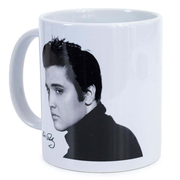 Elvis Presley Portrait Mug LKT Sport Ceramic everyday coffee mugWhite mug with signed portrait of Elvis PresleyGlazed kiln fired finish with white handleOfficial licensed productApprox 315ml (11oz)Approx 9cm tall, 8cm in diameter Mugs
