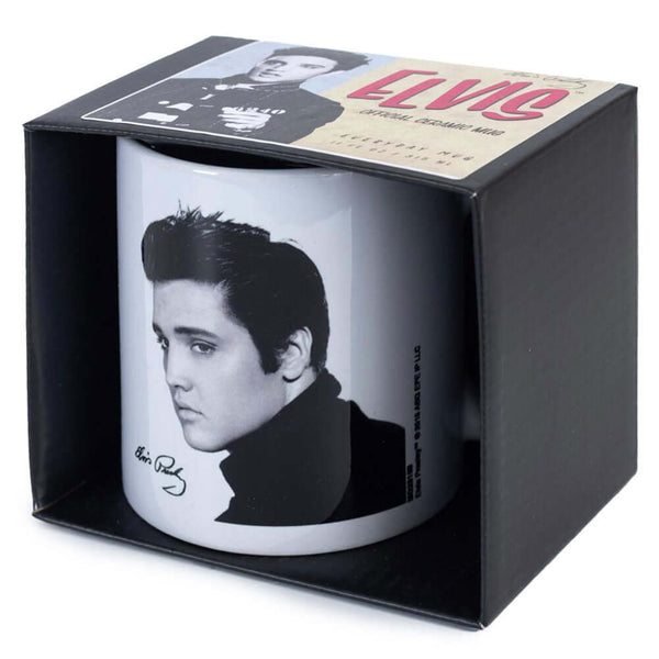 Elvis Presley Portrait Mug LKT Sport Ceramic everyday coffee mugWhite mug with signed portrait of Elvis PresleyGlazed kiln fired finish with white handleOfficial licensed productApprox 315ml (11oz)Approx 9cm tall, 8cm in diameter Mugs