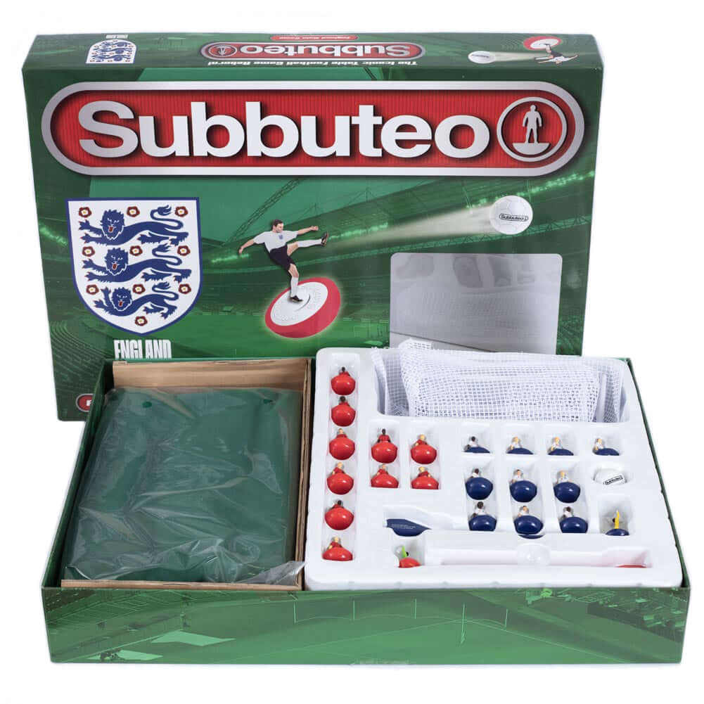 England FA Edition Subbuteo Main Game LKT Sport Subbuteo, the classic table football game is back.Featuring a new high quality pitch and re-engineered players with more strengthIncludes 1 England team, 1 opposition team, 2 goals, 1 ball and the pitchSuita