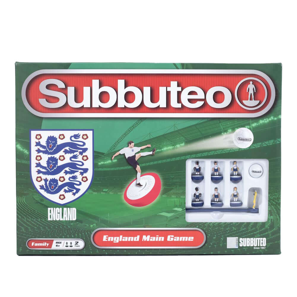 England FA Edition Subbuteo Main Game LKT Sport Subbuteo, the classic table football game is back.Featuring a new high quality pitch and re-engineered players with more strengthIncludes 1 England team, 1 opposition team, 2 goals, 1 ball and the pitchSuita