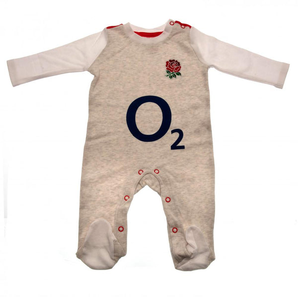 England RFU Sleepsuit 12/18 mths GR LKT Sport This long sleeved baby sleepsuit features the famous England RFU rose Home kit design with an embroidered crest and printed sponsor Soft comfortable fit with press stud fastening Main: 100% Cotton, Trim: 96% C