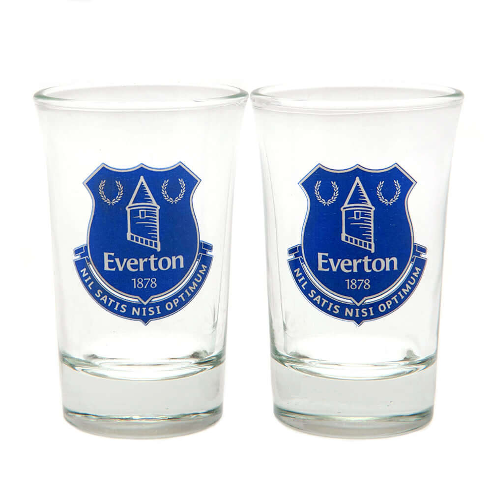 Everton FC 2pk Shot Glass Set LKT Sport Set of 2 shot glassesFeaturing full colour Everton FC club crestOfficial licensed productApprox 50ml (2oz)Approx 7cm tall, 4cm in diameter Shot Glasses