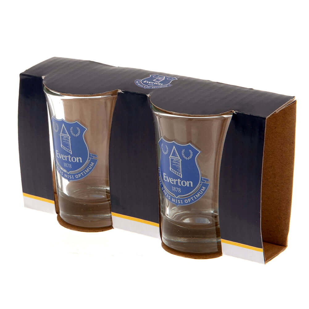 Everton FC 2pk Shot Glass Set LKT Sport Set of 2 shot glassesFeaturing full colour Everton FC club crestOfficial licensed productApprox 50ml (2oz)Approx 7cm tall, 4cm in diameter Shot Glasses