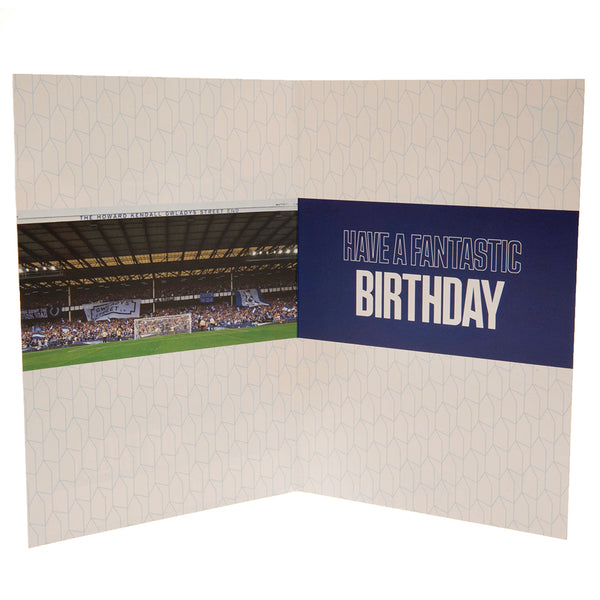 Everton FC Birthday Card With Stickers LKT Sport Blue and white gloss finish fold out birthday cardFeaturing a space on the front to personalise with name and ageIncludes gold stickers to compliment the design of the cardMessage inside reads 'Have a fanta