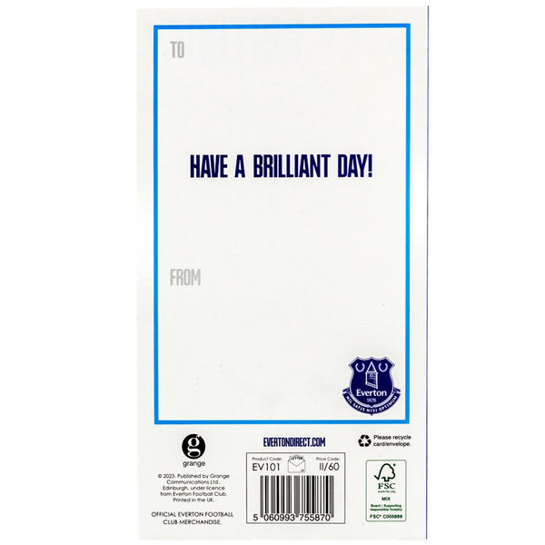 Everton FC Crest Birthday Card LKT Sport Colourful gloss finish fold out birthday cardFeaturing a large white Everton FC crest on the front with the text 'Up the Toffees'Message inside reads 'Happy Birthday'Message on reverse reads 'Have a brilliant day!'