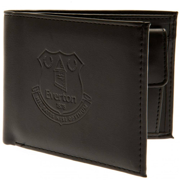 Everton FC Debossed Wallet LKT Sport Black PU wallet featuring a large debossed club crest3 card slots and 2 note pocketsChange pocket with secure stud fastener1 additional compartmentOfficial licensed productApprox 11cm x 9cm Wallets