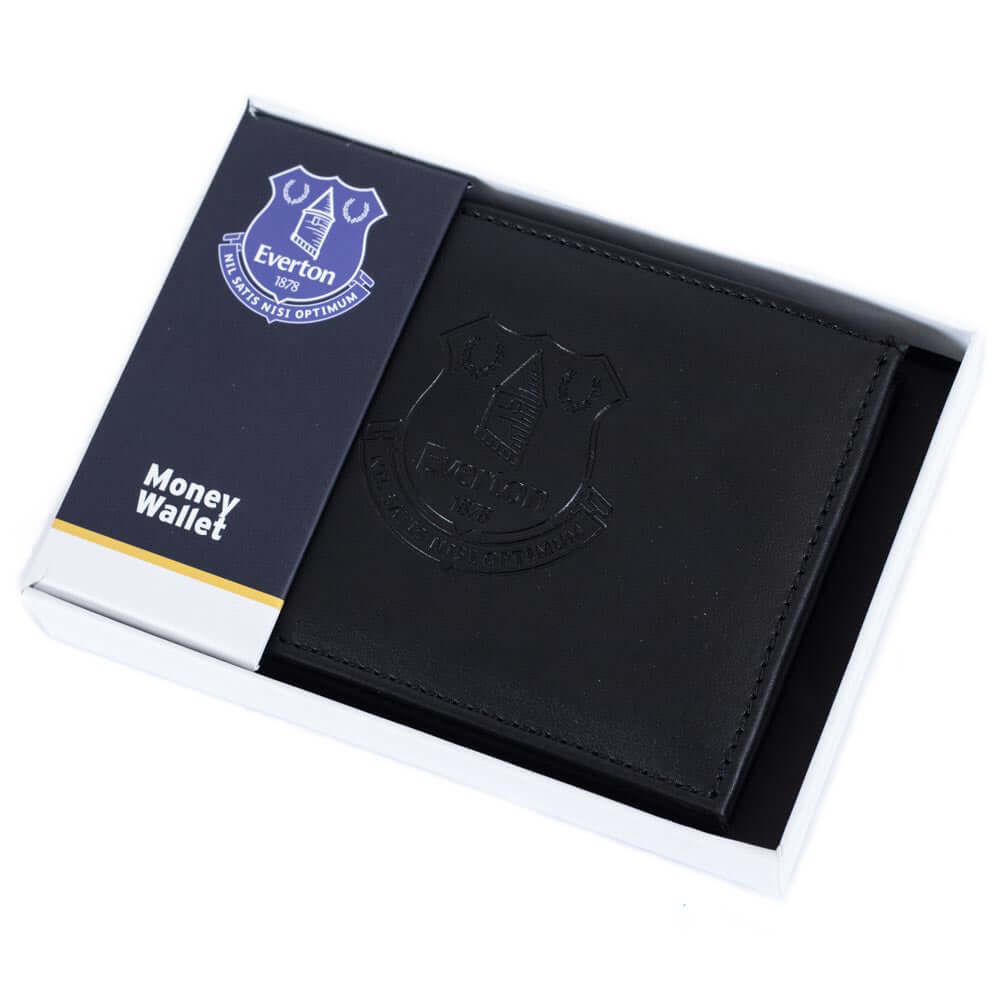 Everton FC Debossed Wallet LKT Sport Black PU wallet featuring a large debossed club crest3 card slots and 2 note pocketsChange pocket with secure stud fastener1 additional compartmentOfficial licensed productApprox 11cm x 9cm Wallets