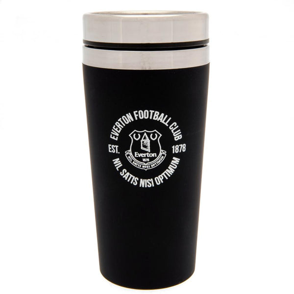 Everton FC Executive Travel Mug LKT Sport Stainless steel double-walled thermal travel mug Maintains the temperature of your drink for longer Executive design finished with a matt black soft feel Silver rim screw top lid with slide close drinking hole Off