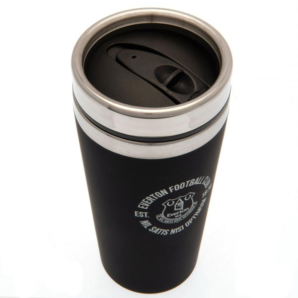 Everton FC Executive Travel Mug LKT Sport Stainless steel double-walled thermal travel mug Maintains the temperature of your drink for longer Executive design finished with a matt black soft feel Silver rim screw top lid with slide close drinking hole Off