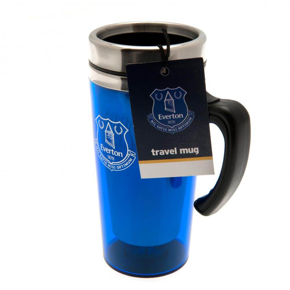 Everton FC Handled Travel Mug LKT Sport Stainless steel double-walled thermal travel mugMaintains the temperature of your drink for longerRoyal blue translucent finish with a printed Everton crestScrew top lid with slide closing drinking holeFeatures an e