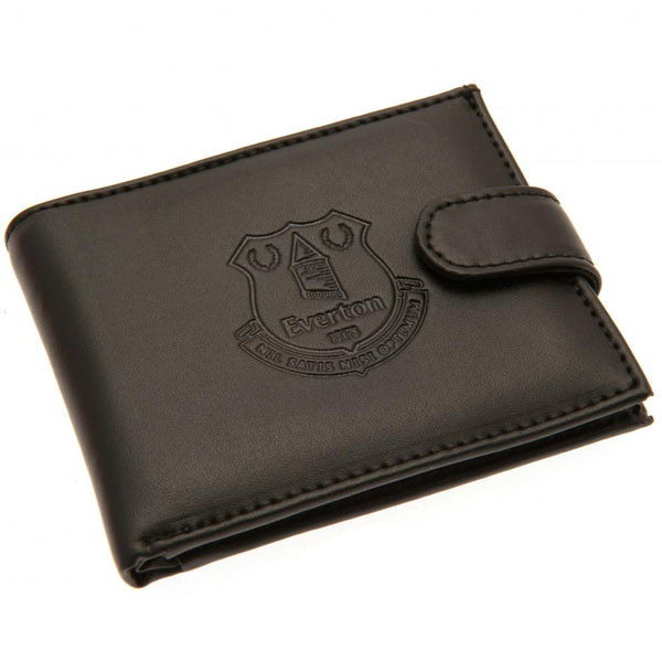 Everton FC rfid Anti Fraud Wallet LKT Sport Black leather wallet with RFID anti fraud technology Features a large debossed club crest and secure stud fastener 3 card slots and a window compartment 2 note compartments 1 additional compartment Official lice