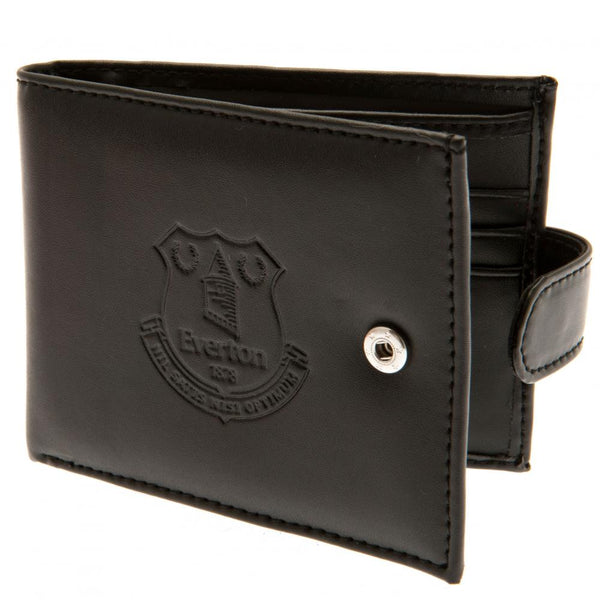 Everton FC rfid Anti Fraud Wallet LKT Sport Black leather wallet with RFID anti fraud technology Features a large debossed club crest and secure stud fastener 3 card slots and a window compartment 2 note compartments 1 additional compartment Official lice