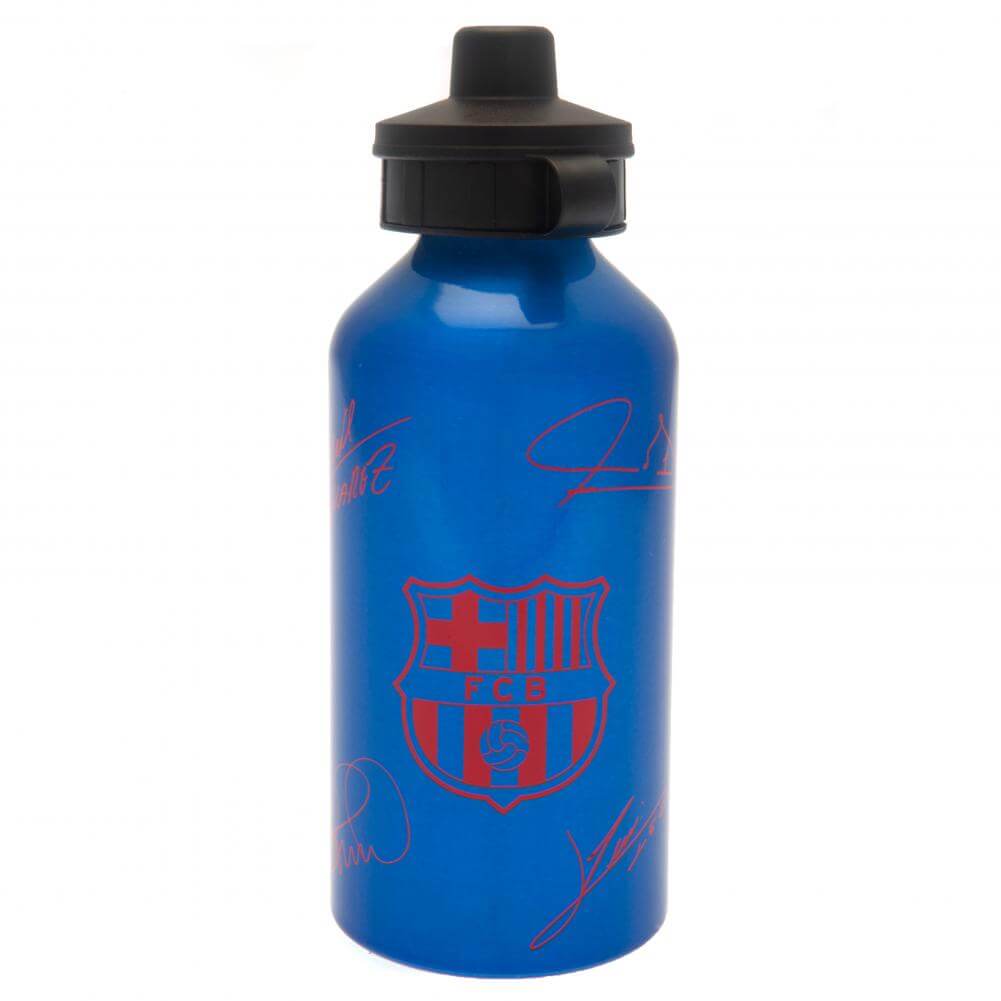 FC Barcelona Aluminium Drinks Bottle SG LKT Sport High quality lightweight aluminium drinks bottleMetallic finish bottle featuring the Barca crest and official player signature printsFlip top cap with drinking spoutOfficial licensed productApprox 500ml (1