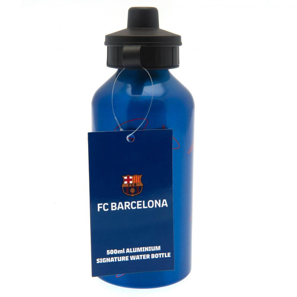 FC Barcelona Aluminium Drinks Bottle SG LKT Sport High quality lightweight aluminium drinks bottleMetallic finish bottle featuring the Barca crest and official player signature printsFlip top cap with drinking spoutOfficial licensed productApprox 500ml (1