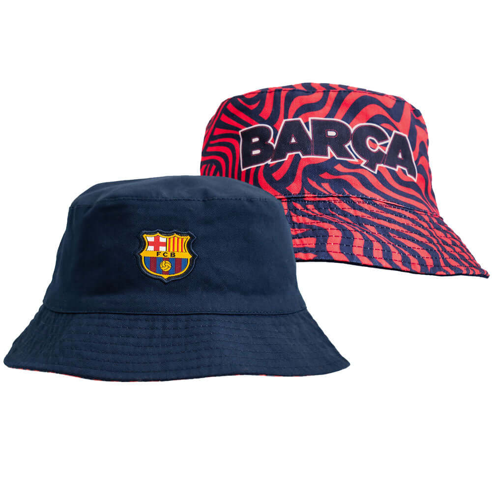 FC Barcelona Bucket Hat LKT Sport Fitted reversible bucket hat in navy with a red and navy pattern on reverseFeatures a woven FCB crestOfficial licensed productAdult, to fit approx 58cm Bucket Hats Main image
