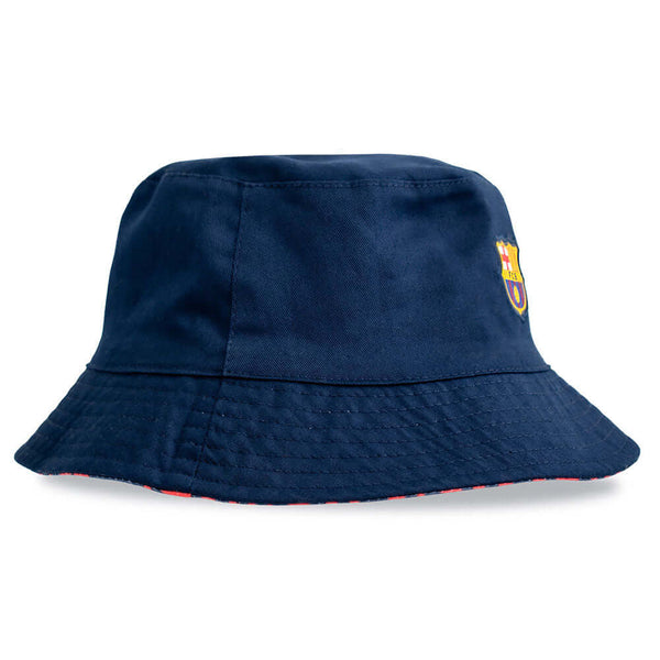 FC Barcelona Bucket Hat LKT Sport Fitted reversible bucket hat in navy with a red and navy pattern on reverseFeatures a woven FCB crestOfficial licensed productAdult, to fit approx 58cm Bucket Hats