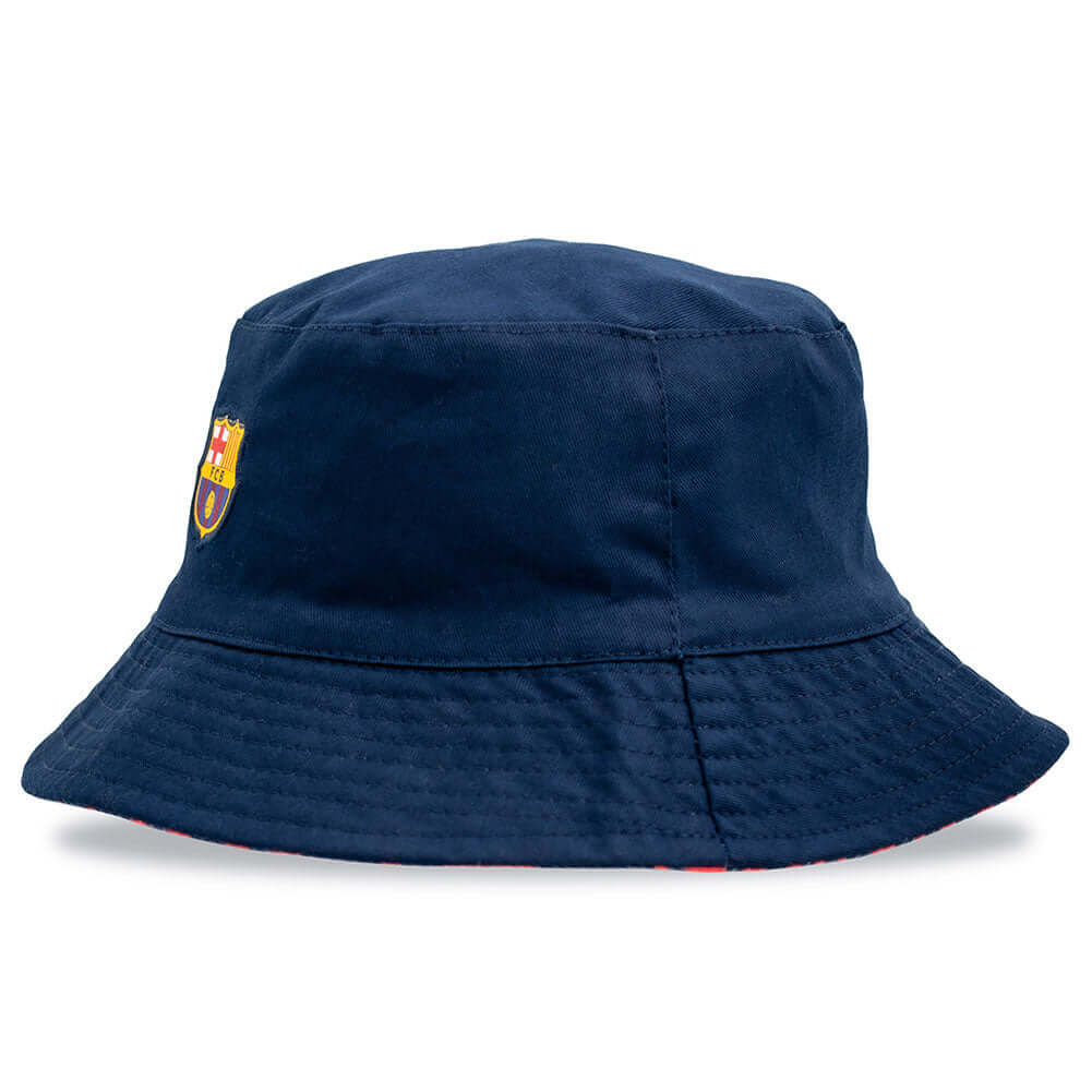 FC Barcelona Bucket Hat LKT Sport Fitted reversible bucket hat in navy with a red and navy pattern on reverseFeatures a woven FCB crestOfficial licensed productAdult, to fit approx 58cm Bucket Hats