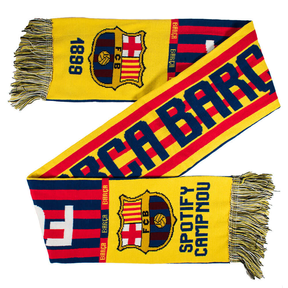 FC Barcelona Camp Nou Scarf LKT Sport Red and navy woven scarf with a multi colour fringeFeatures Barca text across the centre and a club crest at ether endOfficial licensed productApprox 132cm x 19cm Scarves