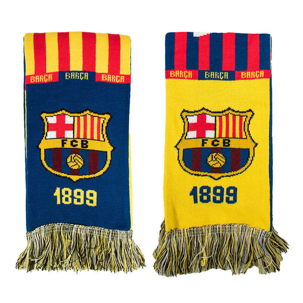 FC Barcelona Camp Nou Scarf LKT Sport Red and navy woven scarf with a multi colour fringeFeatures Barca text across the centre and a club crest at ether endOfficial licensed productApprox 132cm x 19cm Scarves