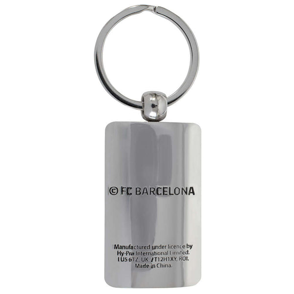 FC Barcelona Keyring LKT Sport Metal rectangular keyring and split ringFeatures the FCB logo, with Barca repeated behindMetal alloy with silver style finishOfficial licensed productApprox 50mm x 30mm Keychains