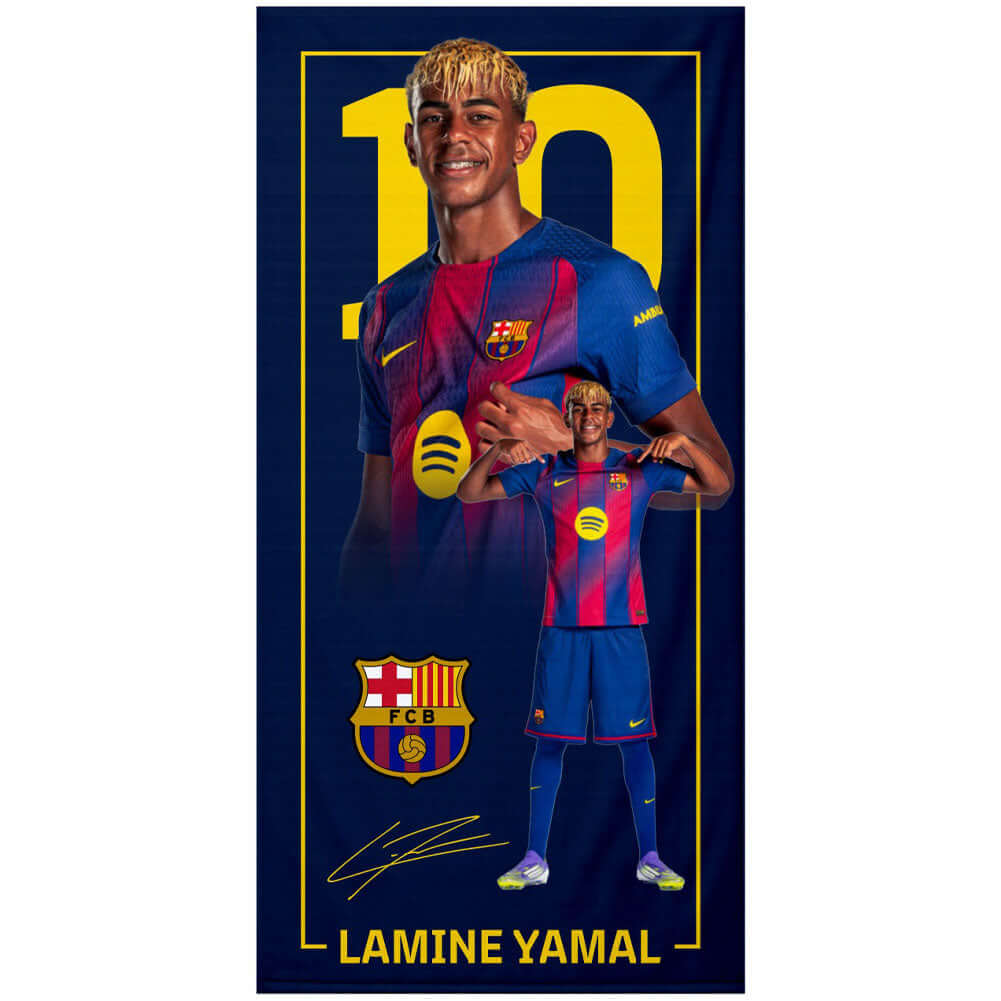 FC Barcelona Lamine Yamal Towel LKT Sport Large soft to touch 100% microfiber beach towelFeaturing Lamine Yamal on a Diagonal split background in FCB coloursOfficial licensed productApprox 140cm x 70cm (55in x 28in) Beach Towels