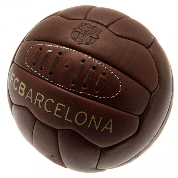 FC Barcelona Retro Heritage Football LKT Sport Genuine leather heritage footballFeaturing gold debossed print Barcelona crest and text18 panel retro style ball with stitched featureOfficial licensed productSize 5 footballApprox 69cm in circumference Socce