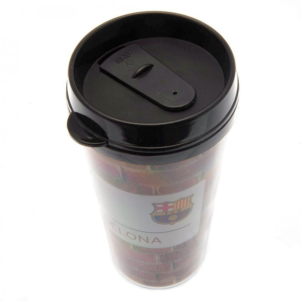 FC Barcelona Street Sign Travel Mug LKT Sport Brick wall design plastic travel mug Featuring a Camp Nou street sign and Barcelona crest Screw top lid with slide closing drinking hole Official licensed product Approx 450ml (16oz) Approx 16cm tall, 8cm in d